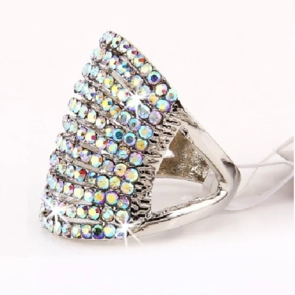rainbow crystal rhinestone CZ statement aurora borealis cocktail ring silver
